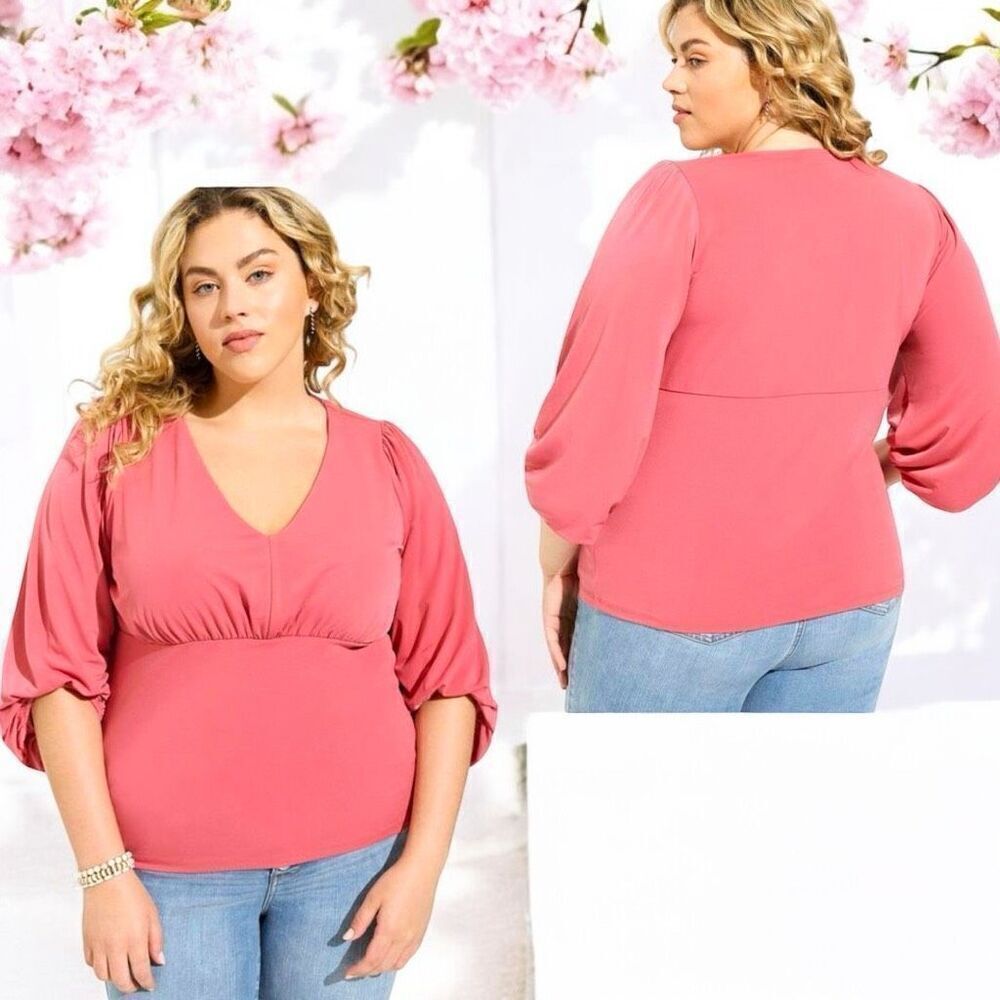 Torrid Berry Pink Studio Knit V-Neck Quarter Sleeve Shirred Top NWT